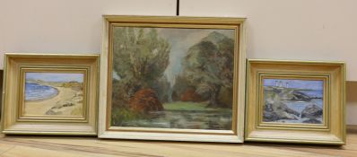 Jessica Piper, oil on canvas board, Lakeside landscape, signed, together with a pair of oils on
