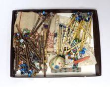 Sewing items: including a collection of bone and wooden lace maker’s bobbins, a beadworked