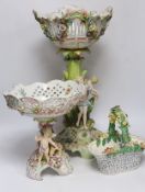 A Sitzendorf figural centrepiece, a smaller similar centrepiece and an English porcelain basket,