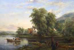 Frederick William Watts (English, 1800-1870), oil on canvas, River landscape with fishermen in a