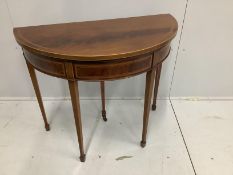 An Edwardian satinwood banded mahogany D shaped folding card table, width 91cm, depth 45cm, height
