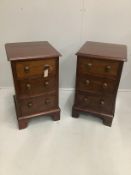 A pair of George III style mahogany three drawer bedside chests, width 39cm, depth 38cm, height