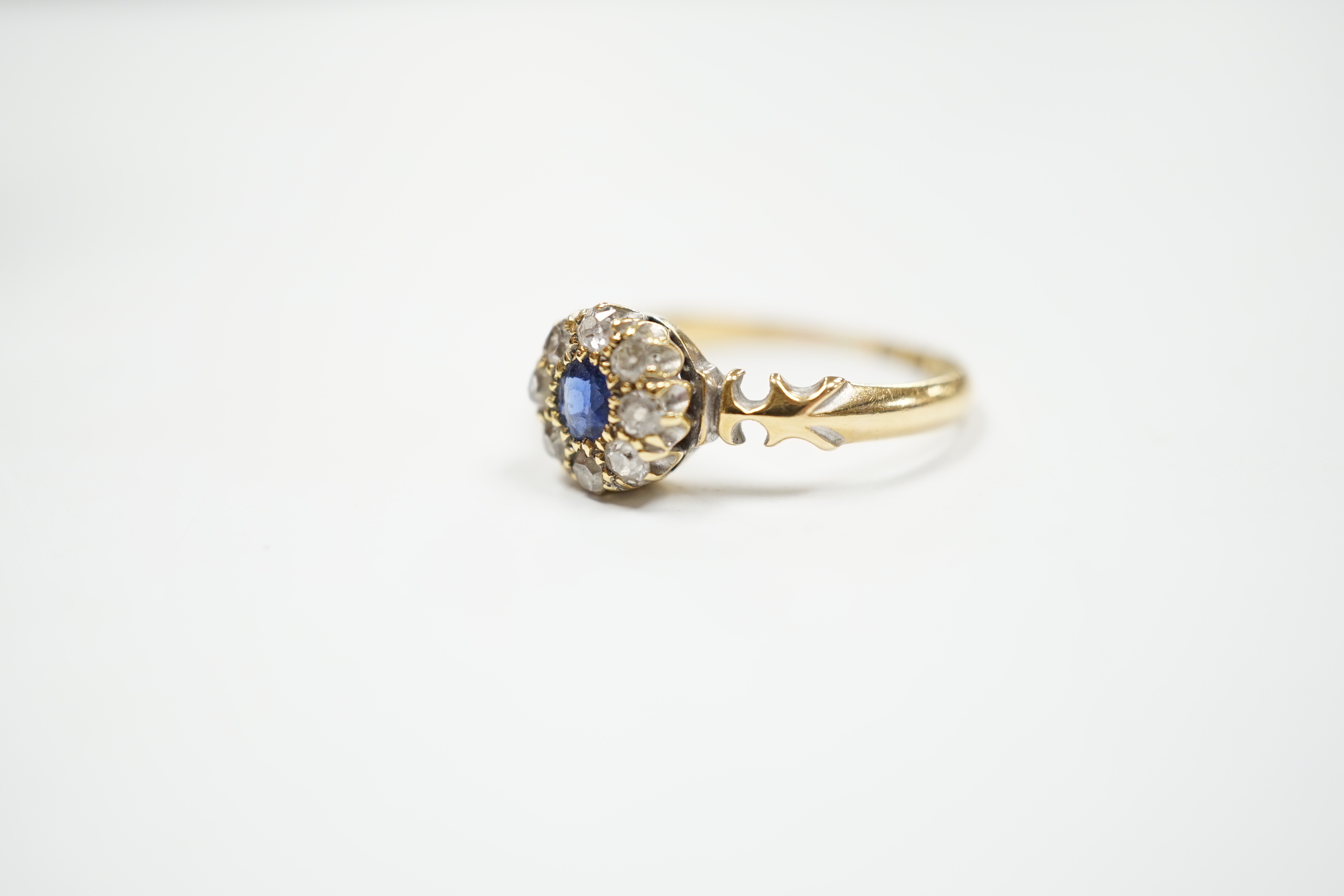 A late Victorian 18ct gold, sapphire and diamond set circular cluster ring, Birmingham, 1889, size - Image 2 of 5