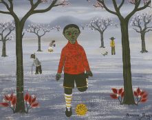 Miquel Rivera Bagur (Spanish, 1919-1999), oil on card, 'Almond trees in bloom with soccer boy',