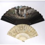 A French 19th century bone and sequin fan and a Spanish figurative leaf fan with ebony guards