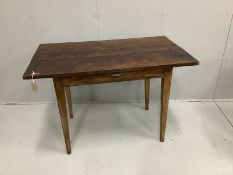 A 19th century French rectangular fruitwood kitchen table, width 110cm, depth 65cm, height 74cm
