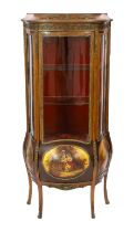 A French Vernis Martin style walnut vitrine, of bombé form with ormolu mounts, three quarter