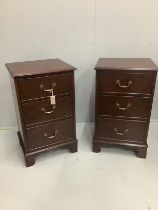 A pair of George III style mahogany three drawer bedside chests, width 47cm, depth 39cm, height