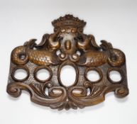 An 18th century style carved walnut armorial plaque, 28.5 x 32cm