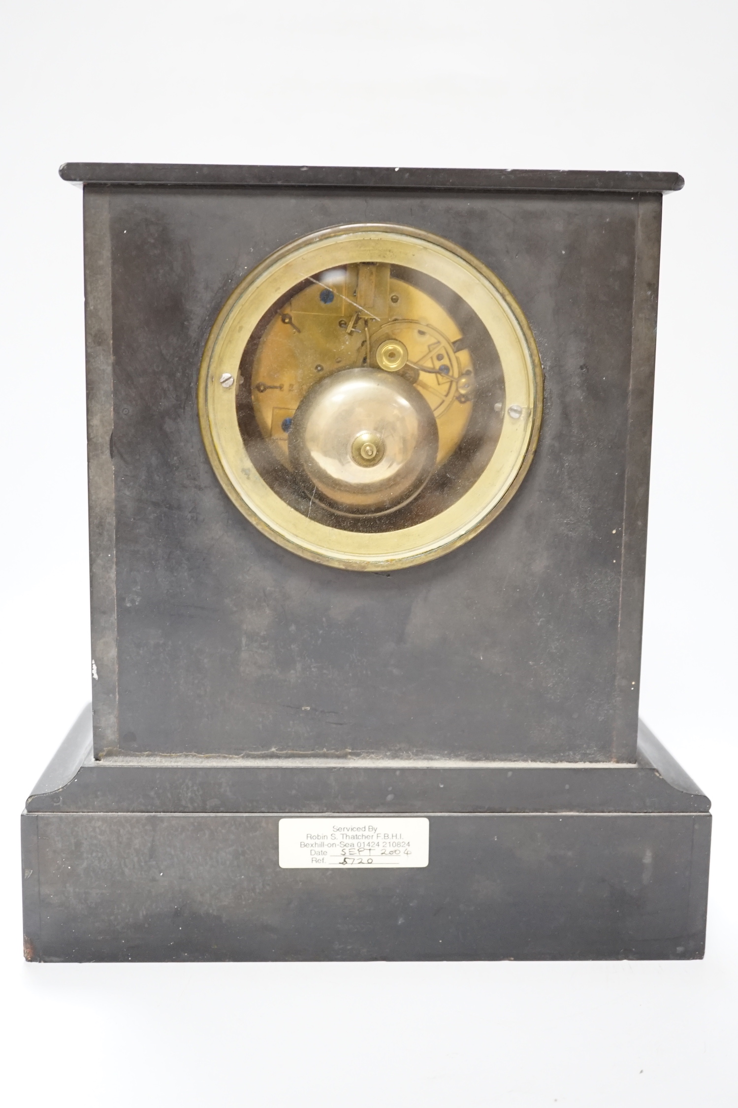 A black slate and marble mantle clock, 6.5cm high - Image 5 of 6