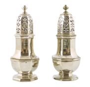 A near pair of George I/George II silver octagonal baluster casters, Samuel Welder, London, 1721 and