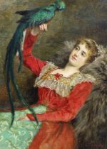 Mariquita Jenny Moberly RI (British 1855-1937), oil on canvas, Lady with a Quetzel, signed and dated