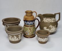 Five Meigh and Co. style Victorian stoneware planters and three Doulton jugs, tallest 20cm