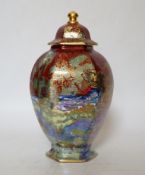A Wilton ware lustre hexagonal lidded vase, numbered and stickered to underside A.G. Harley Jones,
