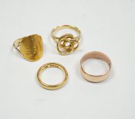 A 1930's 22ct gold wedding band, 5.9 grams, a 9ct gold wedding band, 5.1 grams and two other