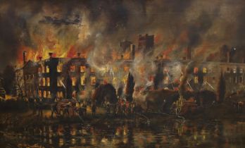 Xavier Willis (20th. C), oil on canvas, 'The Great Fire Olantigh Towers 11th Dec. 1903', signed