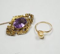 A late Victorian yellow metal mounted amethyst brooch, 38mm pendant and a 10k, cultured pearl and