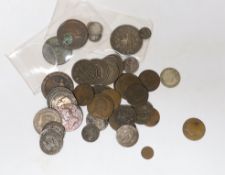 A group of 18th/19th British, France, Canada etc. century coins including Victoria Crown 1844, F