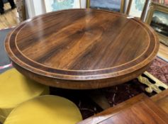 A Regency circular banded rosewood tilt top breakfast table on ormolu claw feet, diameter 132cm,