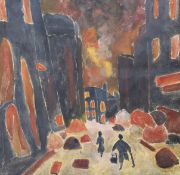 Powstume Watmacosku (Polish School, WW2), oil on paper, 'Warsaw in flames', label verso dated