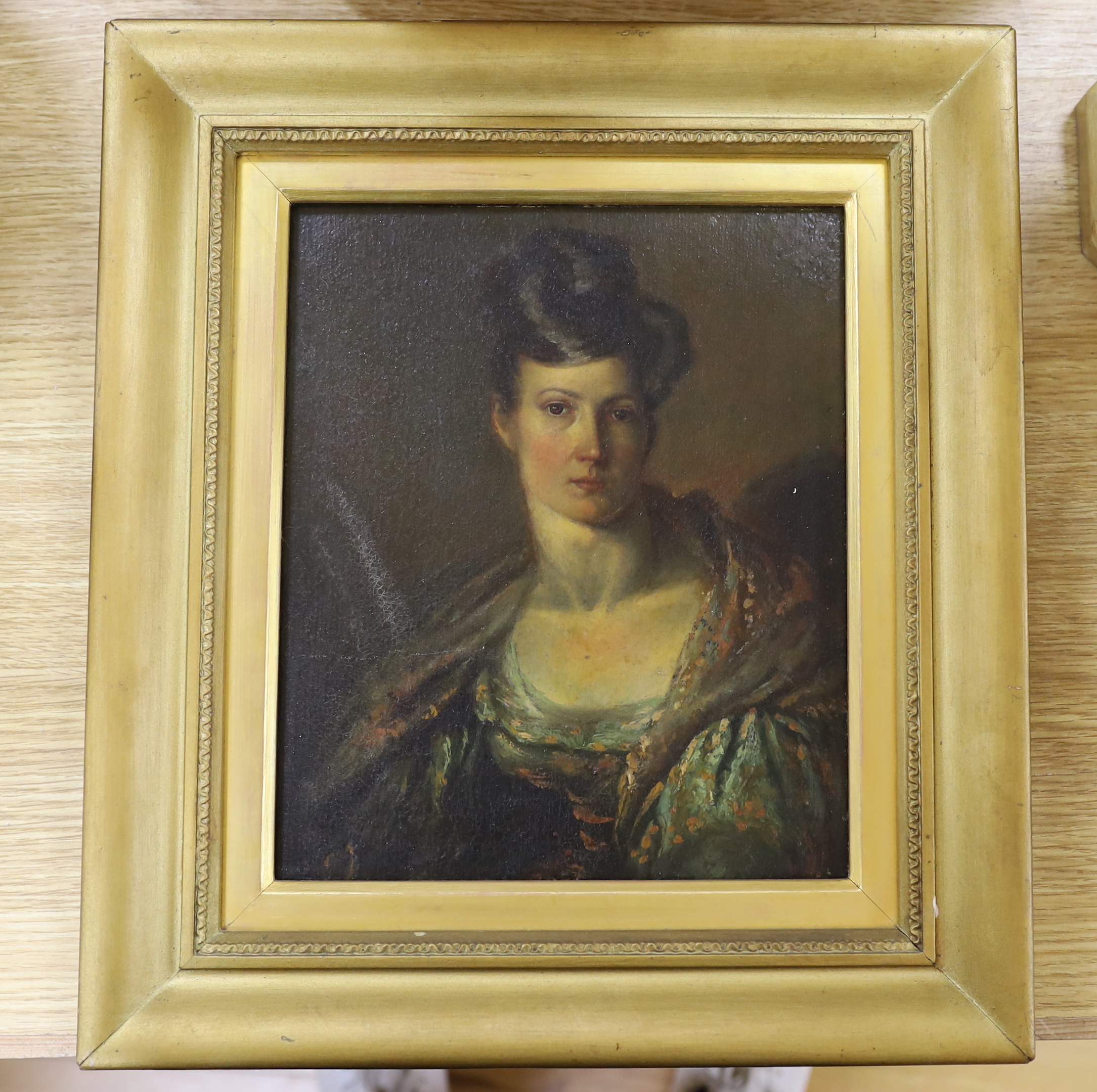19th century English School, oil on panel, Head and shoulders portrait of a lady, 26 x 22cm - Image 2 of 2