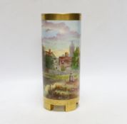 A Mintons porcelain cylinder vase, c.1880, painted with figures along a lakeside path with cottages,