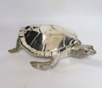 A silver plated turtle soup tureen with hinged lid, length 40cm