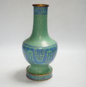 A Chinese green cloisonné enamel vase, hole to base, 27cm high