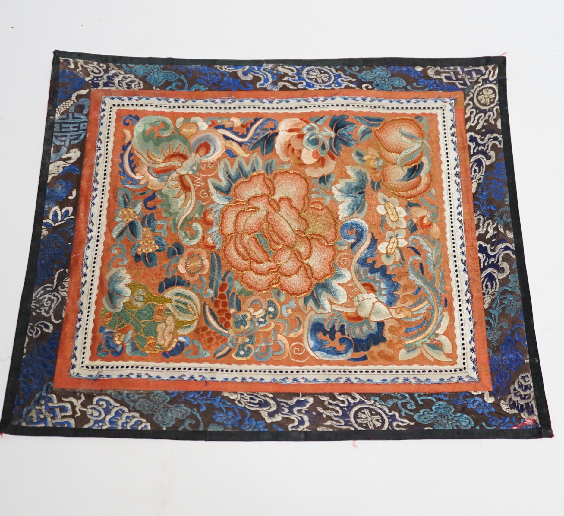 Six Chinese silk mats, embroidered with silk polychrome thread, all using mixed stitches including