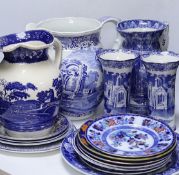 A quantity of blue and white plates, jugs, etc. including a large Spode Italian pattern jug, a