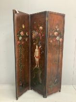 A painted three fold dressing screen, each panel width 45cm, height 176cm