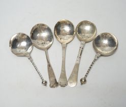 Five assorted 19th century and later Scandinavian? white metal spoons, two with maker's marks,