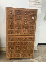 A brass mounted 40 drawer hardwood two part filing chest, width 80cm, depth 45cm, height 147cm