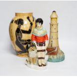 A collection of four pottery novelty lamp bases, a plastic lamp and a plaster light house lamp, (6),