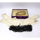 Cream leather evening gloves, bonnet veiling and decorative bridal headdress