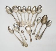 A quantity of assorted 18th century and later flatware, mainly teaspoons including a set of six base