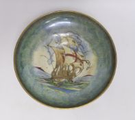 A large Royal Worcester Crownware lustre pedestal bowl with galleon design, 28.5cm diameter