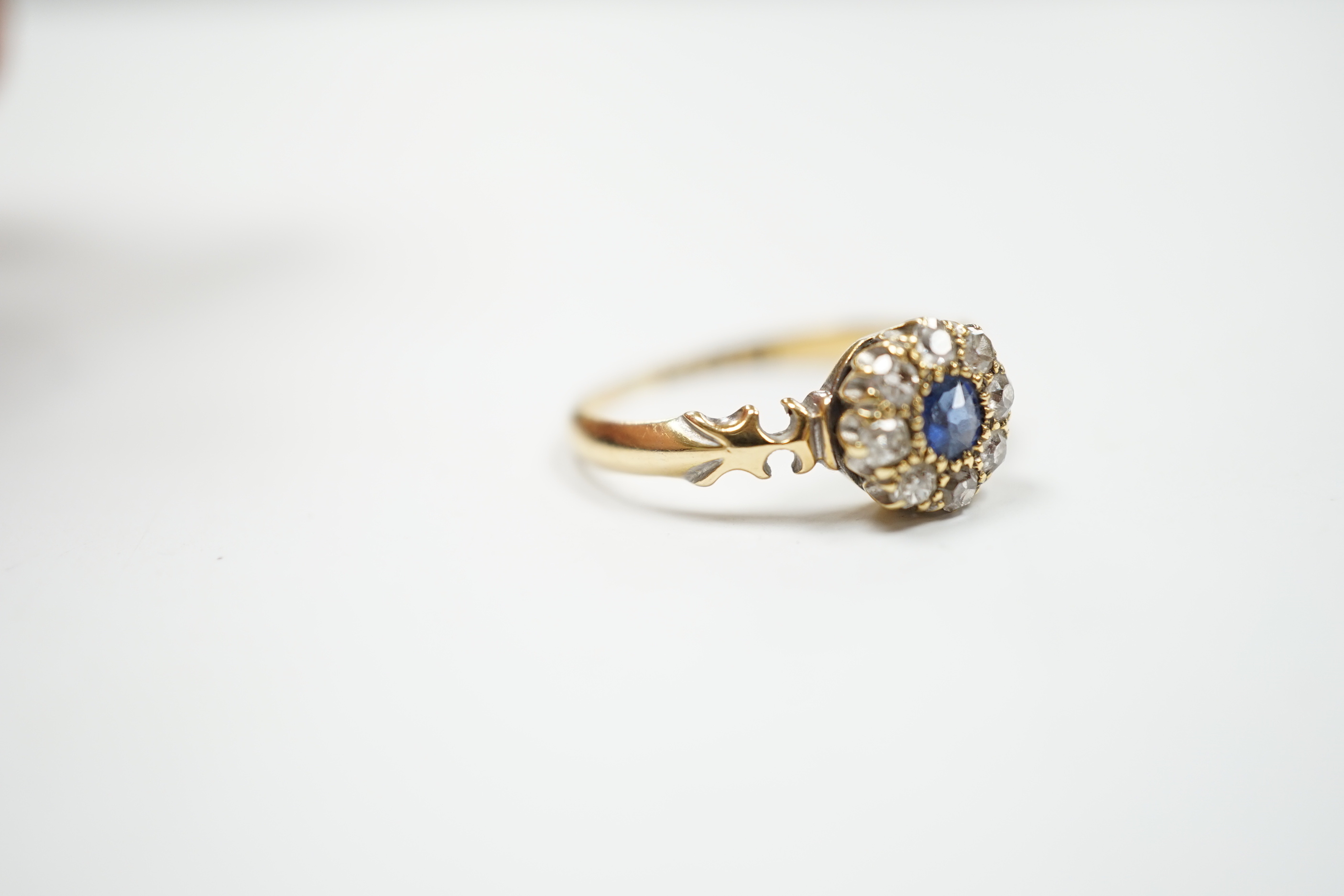 A late Victorian 18ct gold, sapphire and diamond set circular cluster ring, Birmingham, 1889, size - Image 3 of 5