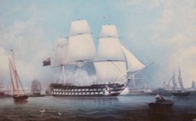 Lieutenant Robert Strickland Thomas R.N. (1787-1853), modern oleograph print, 'HMS Revenge', 44 x