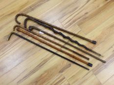 Six assorted walking sticks: a spiral carved cane, a silver mounted, a horn handled, a carved dog