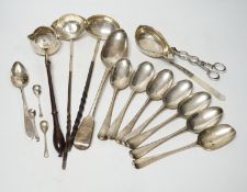 A late William IV silver fiddle pattern basting spoon, London, 1836, seven assorted 19th century
