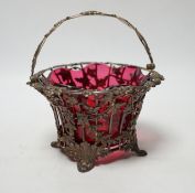 A Victorian pierced silver sugar basket, Hawksworth, Eyre & Co, Sheffield, 1842, with cranberry