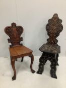 A Damascan bone inlaid hardwood hall chair, height 105cm together with Victorian mahogany hall