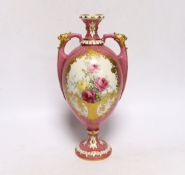A Royal Worcester pink ground rose painted vase, signed Sedgley, 23.5cm
