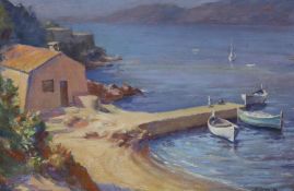 C. Carey, oil on canvas, Mediterranean harbour scene, signed and dated '34, 34 x 52cm