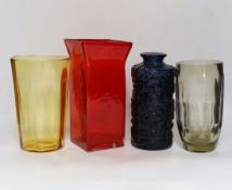 Four Whitefriars coloured glass vases, tallest 24cm