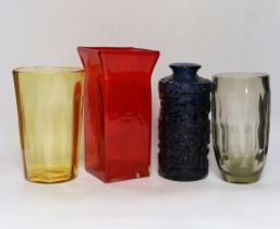 Four Whitefriars coloured glass vases, tallest 24cm