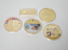 Five large gold plated commemorative medallions for VE Day, Princess Diana, The Queen, etc.