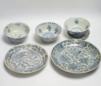 Chinese Ming dynasty shipwreck ceramics - three blue and white pottery bowls and three dishes,