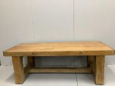 An early 20th century rectangular oak and beech kitchen preparation table the 9.5cm thick cleated